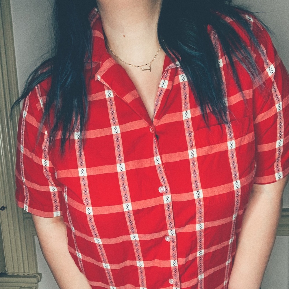 Karen Scott Cotton Red Plaid Short Sleeve Button Down SZ 1X